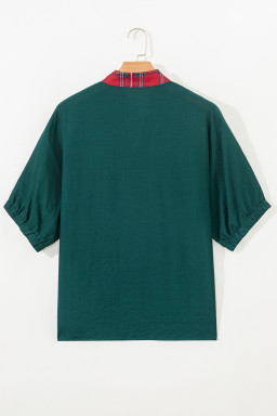 Evergreen Contrast Plaid Patchwork V Neck Half Sleeve Blouse