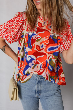 Red Paisley Geometric Mixed Print Patchwork Puff Sleeve Blouse Top