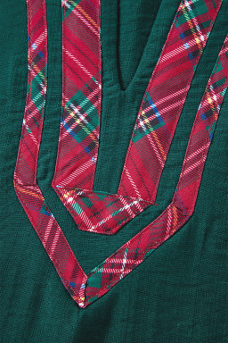 Evergreen Contrast Plaid Patchwork V Neck Half Sleeve Blouse