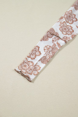 Brown Thumbhole Long Sleeve Floral Print Mesh Top