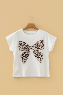 White Leopard Bow Embroidered Cotton Round Neck T Shirt