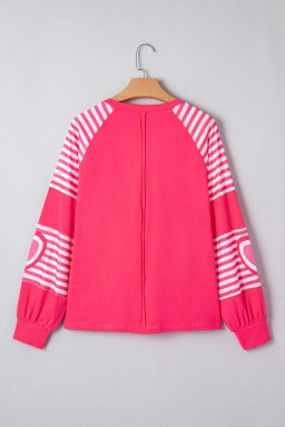 Strawberry Pink Heart Shape Striped Patchwork Long Sleeve Loose Top