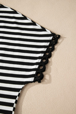 Black Striped Print V Neck Delicate Trim Casual Tee