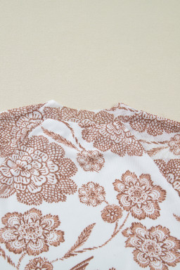 Brown Thumbhole Long Sleeve Floral Print Mesh Top