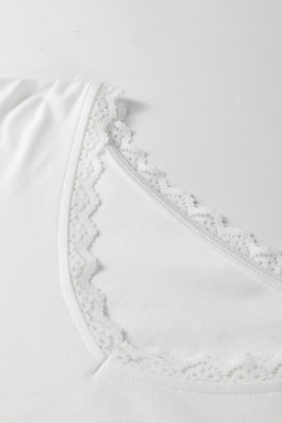 White Lace Trim V Neck Cuffed Long Sleeve Loose Top