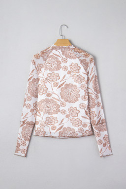 Brown Thumbhole Long Sleeve Floral Print Mesh Top