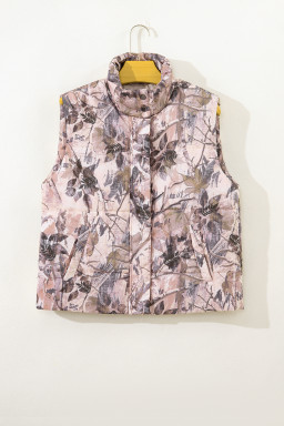 Brown Camo Leaf Print Winter Puffer Vest