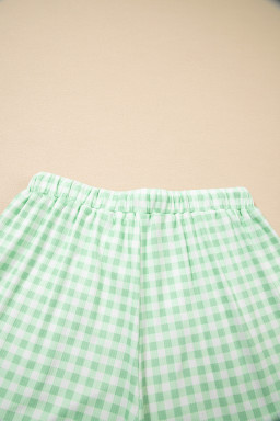 Green Gingham Long Sleeve Loose Top Drawstring Shorts 2pcs Lounge Set