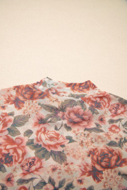 White Retro Floral Print Mock Neck Mesh Long Sleeve Top