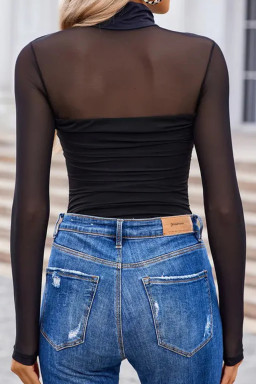 Black Sheer Mesh Patchwork High Neck Long Sleeve Top