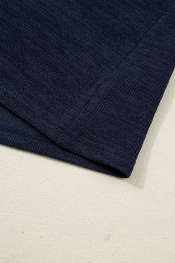 Navy Blue Ribbed Contrast Leopard Patchwork Short Sleeve Top