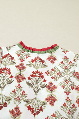 Pink Floral Print Contrast Trim Frilled Neck Long Sleeve Flared Dress