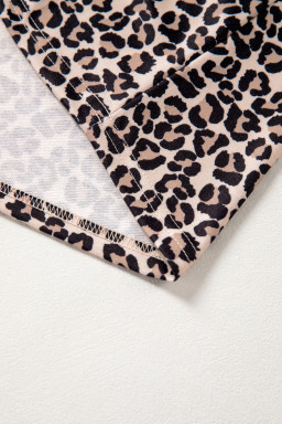 Brown Leopard Print Half Zip Striped Trim Patchwork Short Sleeve Top