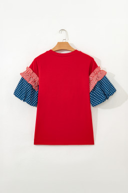 Fiery Red Stars Stripes Short Puff Sleeve Top