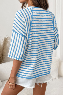 Sky Blue Stripe Textured Knit Split Hem Half Sleeve Loose Top
