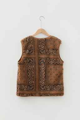 Brown Sherpa Paisley Print Pocketed Western Fashion Vest Jacket
