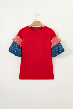 Fiery Red Stars Stripes Short Puff Sleeve Top
