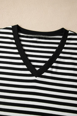 Black Striped Print V Neck Delicate Trim Casual Tee
