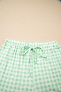 Green Gingham Long Sleeve Loose Top Drawstring Shorts 2pcs Lounge Set