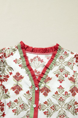 Pink Floral Print Contrast Trim Frilled Neck Long Sleeve Flared Dress