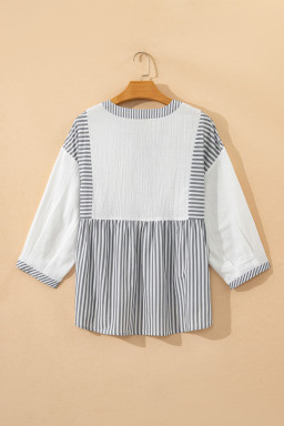 Gray Stripe Half Button Gauze Patchwork Bracelet Sleeve Babydoll Blouse