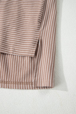 Khaki Stripe Buttoned V Neck High Low Side Slit T Shirt