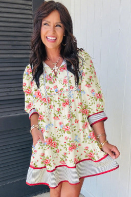 Apricot Striped Edge 3/4 Puff Sleeve Floral Dress