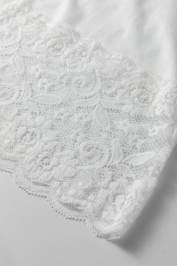 White Lace Trim V Neck Cuffed Long Sleeve Loose Top