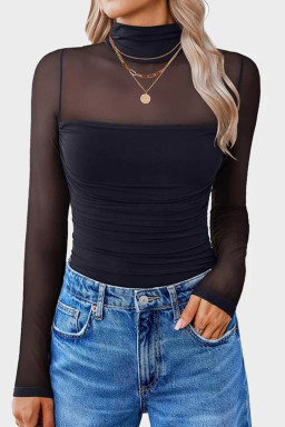 Black Sheer Mesh Patchwork High Neck Long Sleeve Top