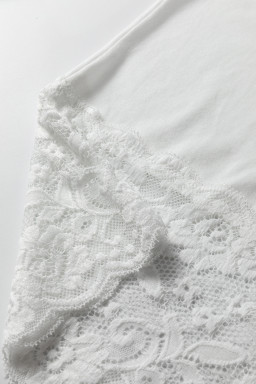 White Lace Trim V Neck Cuffed Long Sleeve Loose Top