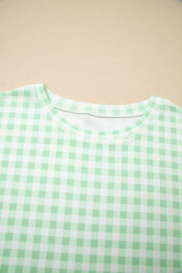 Green Gingham Long Sleeve Loose Top Drawstring Shorts 2pcs Lounge Set