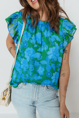 Green Floral Print Ruffled Sleeve Summer Blouse