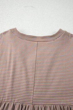 Khaki Stripe Buttoned V Neck High Low Side Slit T Shirt