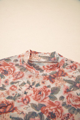 White Retro Floral Print Mock Neck Mesh Long Sleeve Top