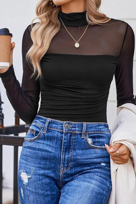 Black Sheer Mesh Patchwork High Neck Long Sleeve Top