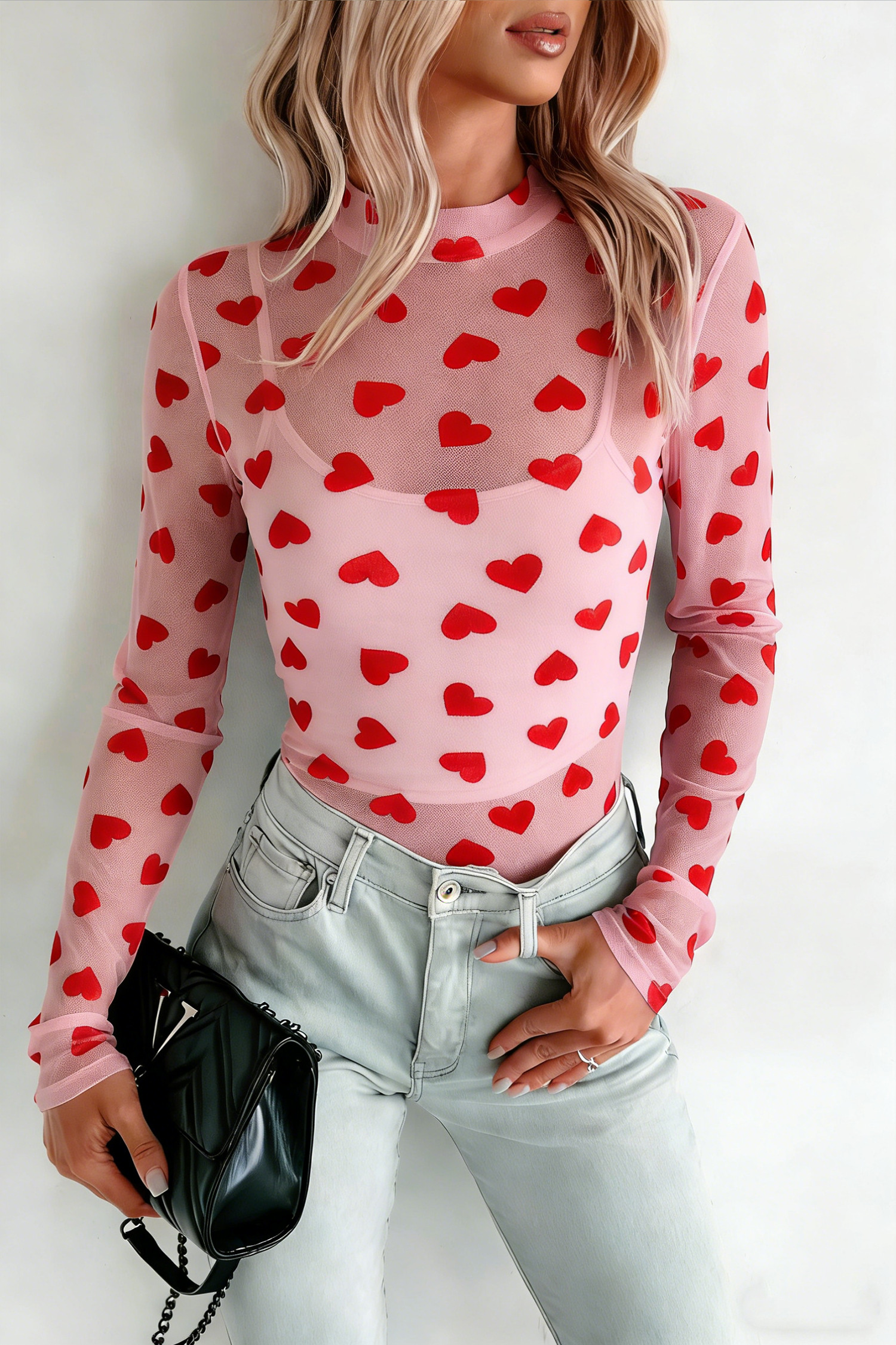 Pink Valentines Heart Printed Sheer Mesh Long Sleeve Top
