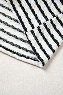 Black Stripe Textured Knit Twisted Rib Contrast Patchwork V Neck Long Sleeve Top