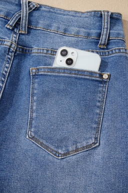 Sky Blue Double Button Zip Fly Straight Leg Jeans