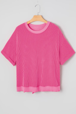 Rose Red Spiral Ribbed Cutout Bow Knot Back Oversize T Shirt