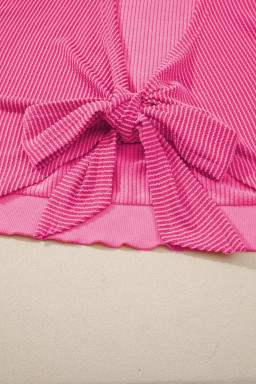 Rose Red Spiral Ribbed Cutout Bow Knot Back Oversize T Shirt