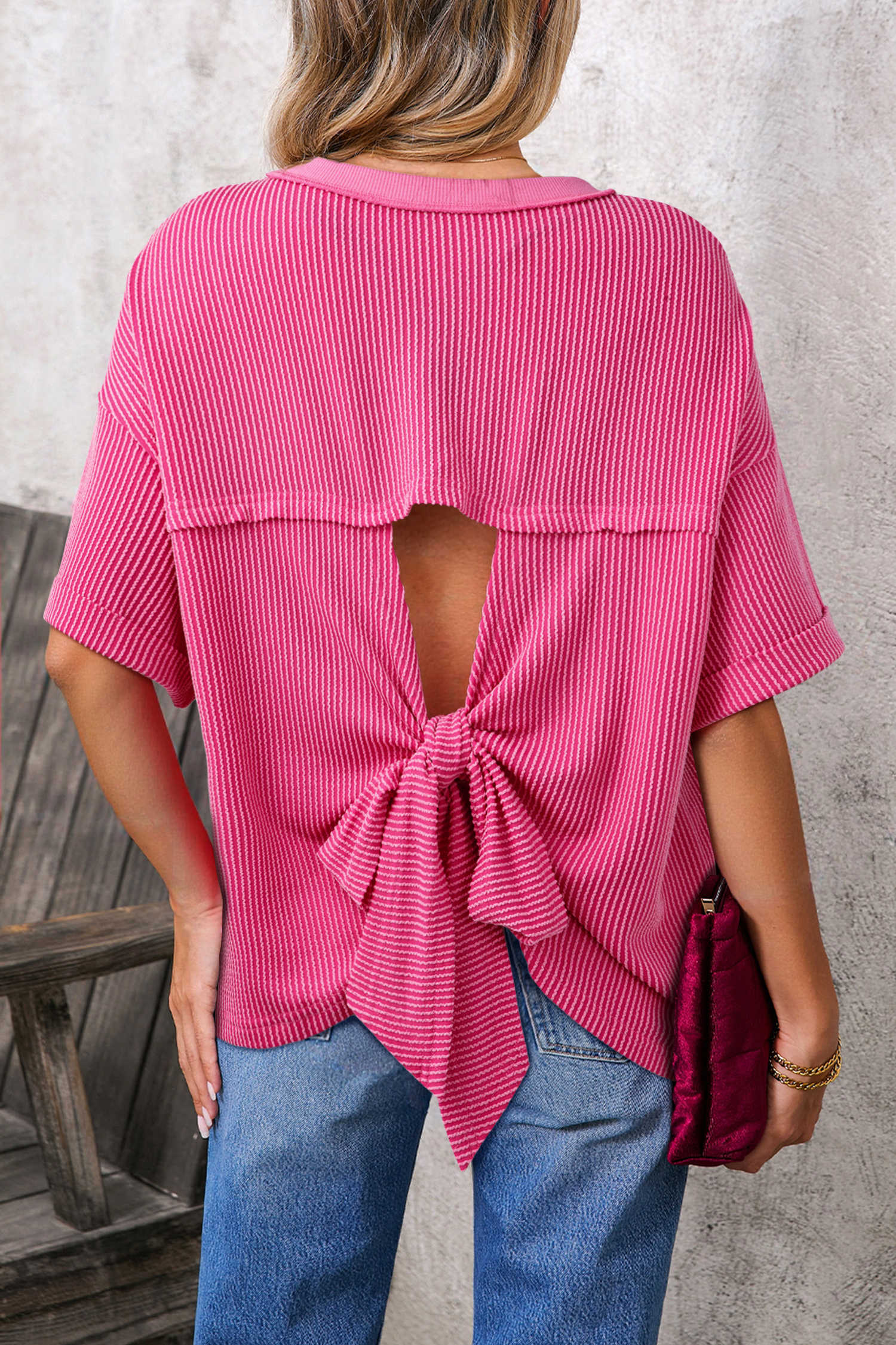 Rose Red Spiral Ribbed Cutout Bow Knot Back Oversize T Shirt