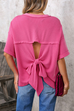 Rose Red Spiral Ribbed Cutout Bow Knot Back Oversize T Shirt