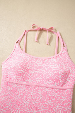 Pink Corded Flower Texture Spaghetti Straps Halterneck One Piece Swimsuit