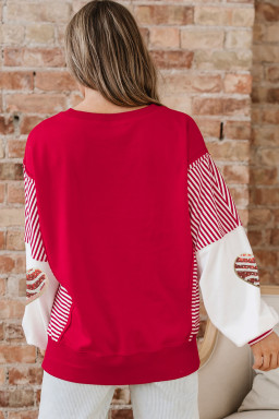 Fiery Red Color Block Striped Patchwork Valentines Day Sequin Heart Graphic Sweatshirt