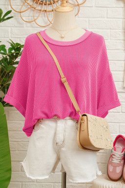 Rose Red Spiral Ribbed Cutout Bow Knot Back Oversize T Shirt