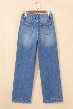 Sky Blue Double Button Zip Fly Straight Leg Jeans