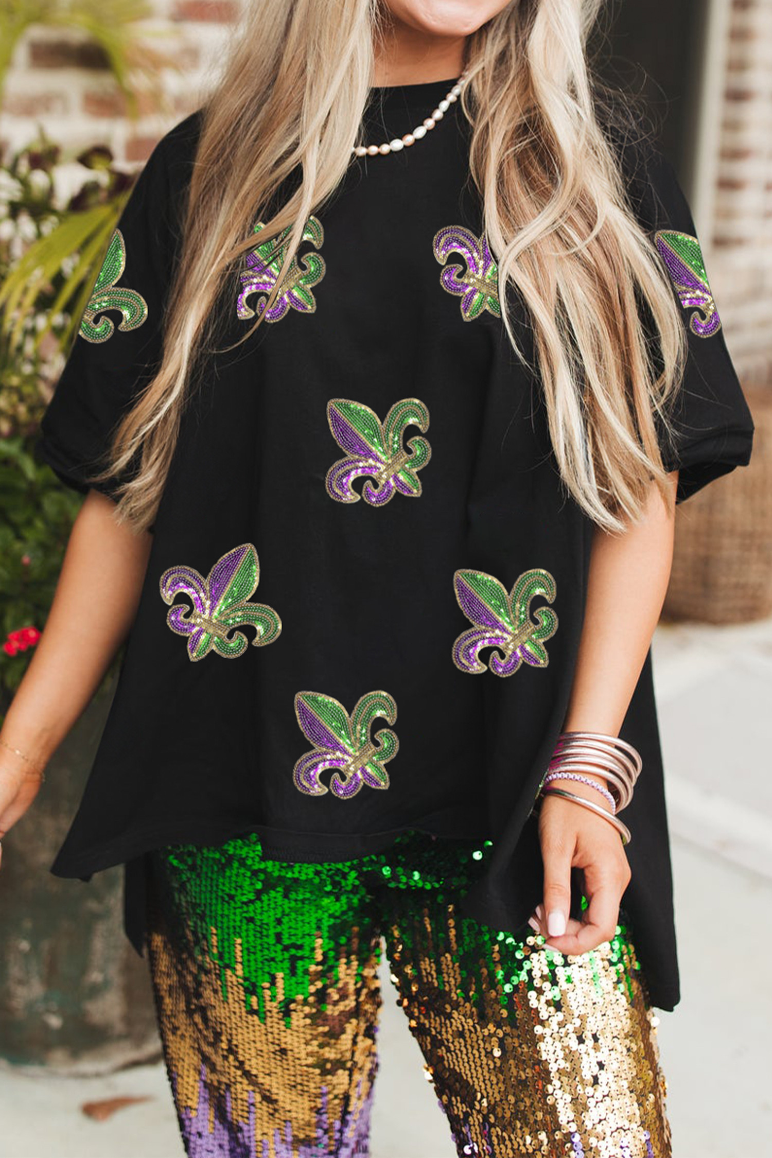 Black Sequin Mardi Gras Fleur De Lis Oversized T Shirt