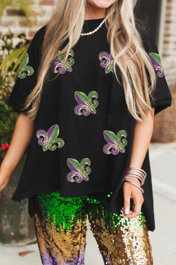 Black Sequin Mardi Gras Fleur De Lis Oversized T Shirt