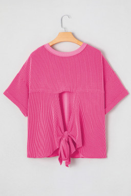 Rose Red Spiral Ribbed Cutout Bow Knot Back Oversize T Shirt