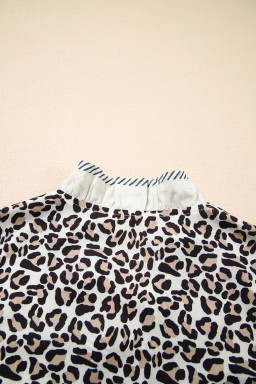 Black Leopard Print Striped Ruffled Color Block Trim V Neck Short Sleeve Blouse